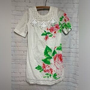 RARE Karta Floral Embroidered White Linen Blend Jeweled Dress Size S​